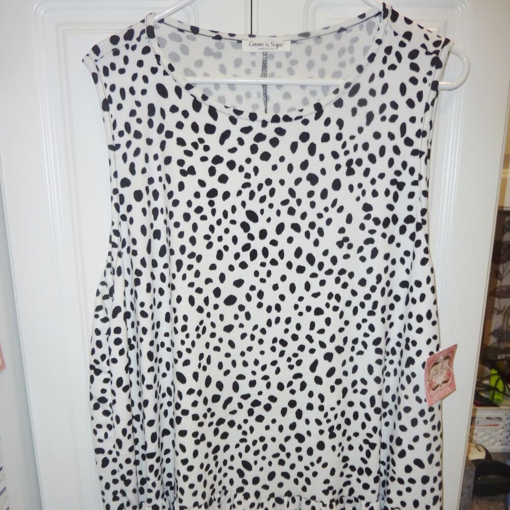NWT Cream N Sugar White Leopard Dot Print Sleeveless Ruffle Hem Shirt 3X